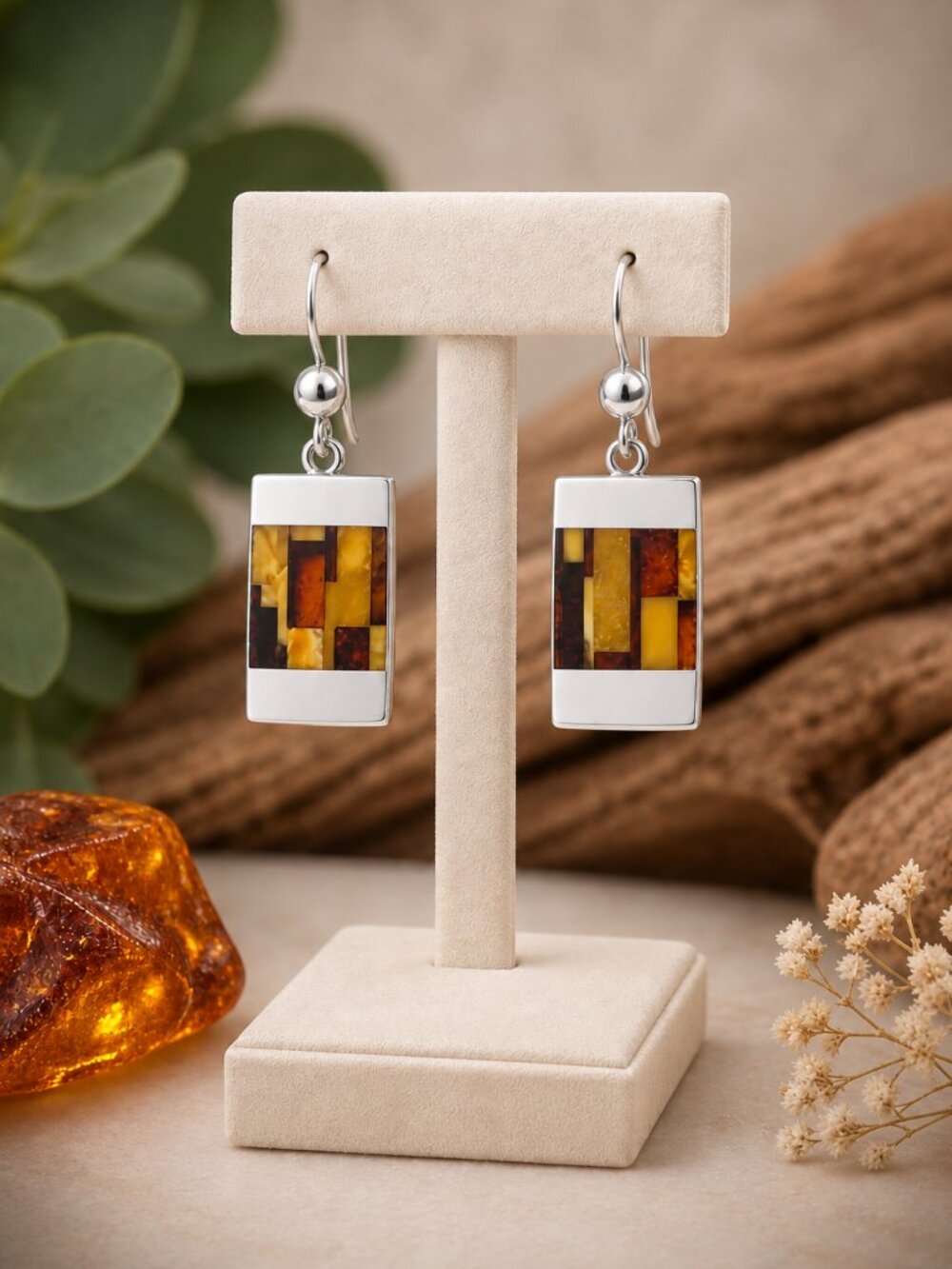 Sterling Silver Baltic Amber Inlay Rectangle Drop Earrings Warm Yellow Shades